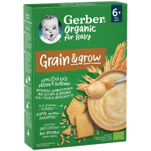 Gerber Organic Grain & Grow Infant Cereals with Wheat Oat & Biscuit Flavor 6m+ Βιολογικά Βρεφικά Δημητριακά με Σιτάρι, Βρώμη & Γεύση Μπισκότο από 6 Μηνών 200g